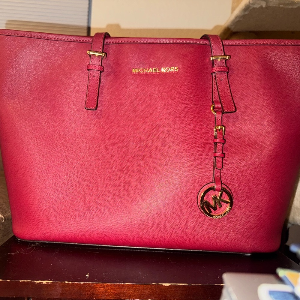Michael Kors Red Leather Tote with Gold Hardware